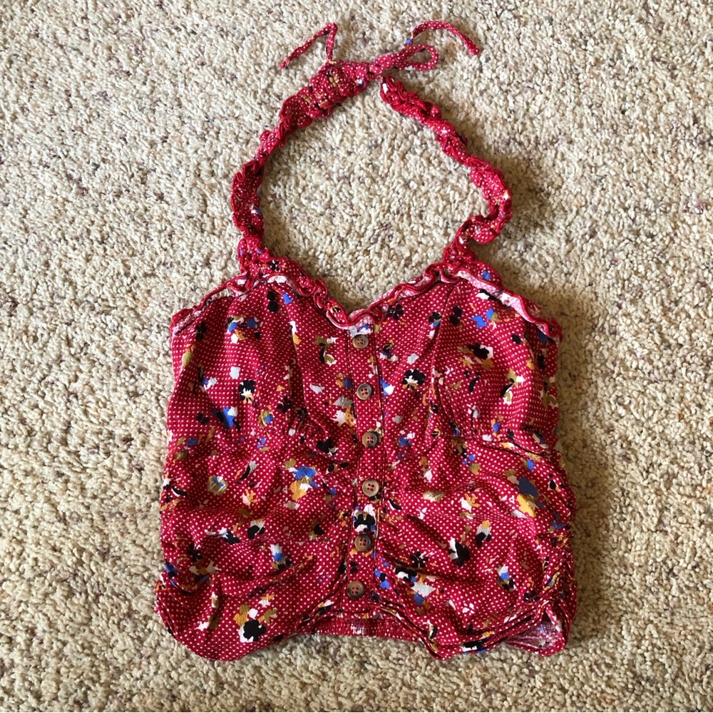Women’s Free People Gorgeous Red with Flowers Smocked Halter Top Size XS